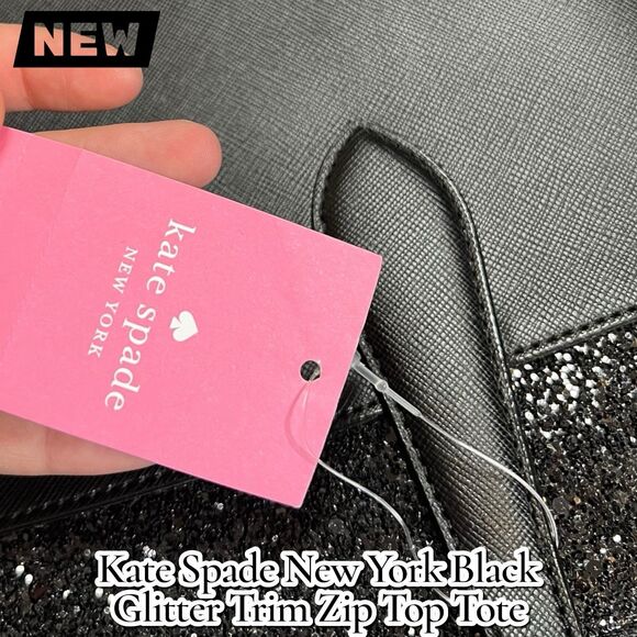 New NWT Kate Spade New York Black Glitter Trim Zip Top Tote Bag Purse - Picture 9 of 10